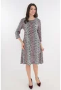 Rochie evazata cu print geometric rosu-gri