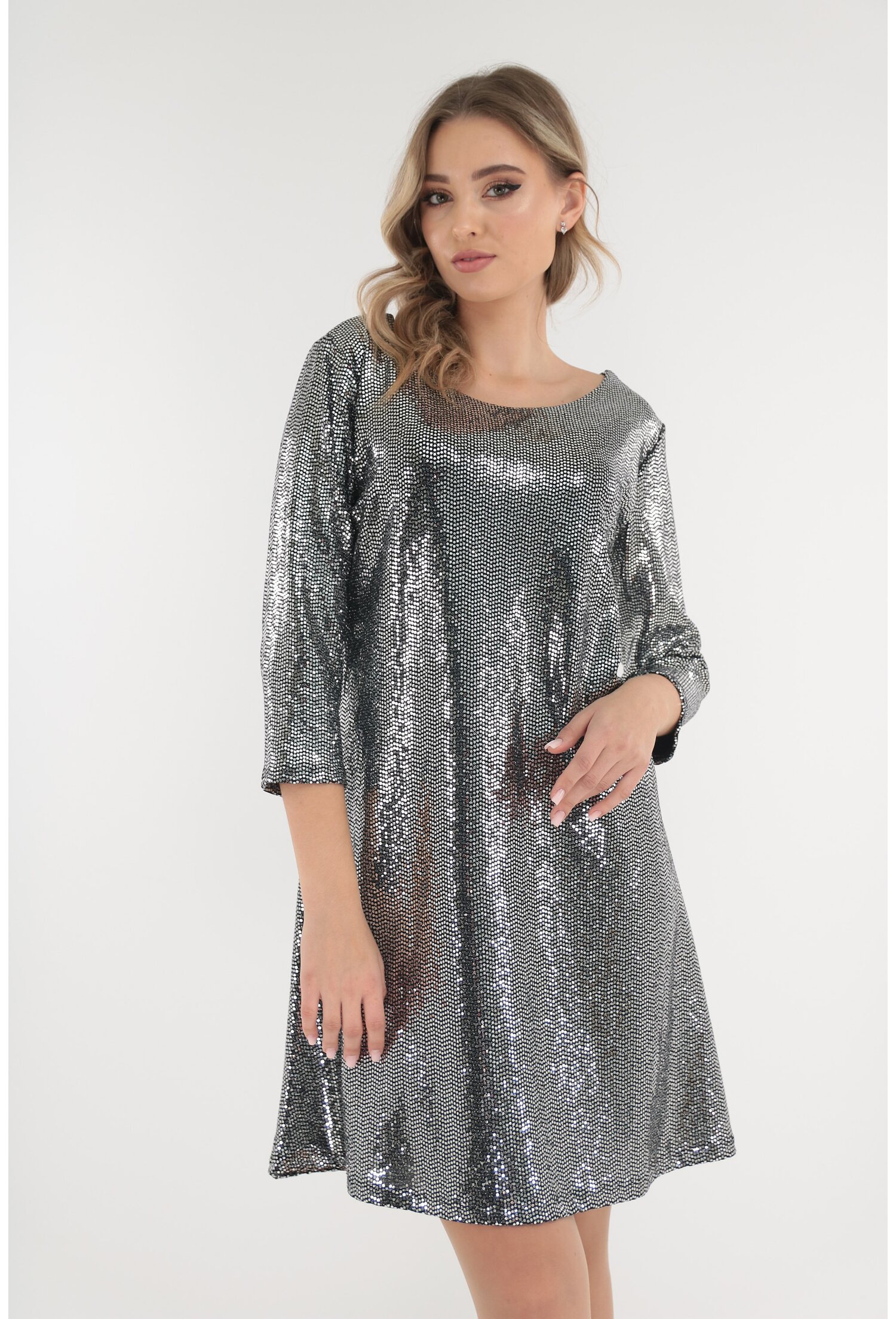 Rochie evazata de ocazie cu glitter argintiu