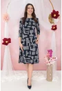 Rochie evazata din jerse bleumarin cu model geometric gri