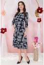 Rochie evazata din jerse bleumarin cu model geometric gri