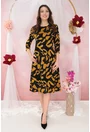 Rochie evazata din jerse negru cu print abstract orange