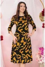Rochie evazata din jerse negru cu print abstract orange
