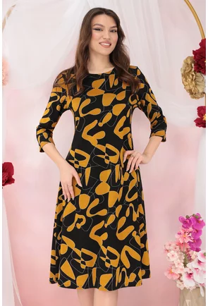 Rochie evazata din jerse negru cu print abstract orange
