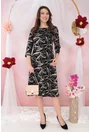 Rochie evazata din jerse negru cu print floral roz-gri