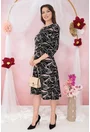 Rochie evazata din jerse negru cu print floral roz-gri