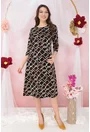 Rochie evazata din jerse negru cu print geometric caramiziu