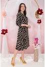 Rochie evazata din jerse negru cu print geometric caramiziu