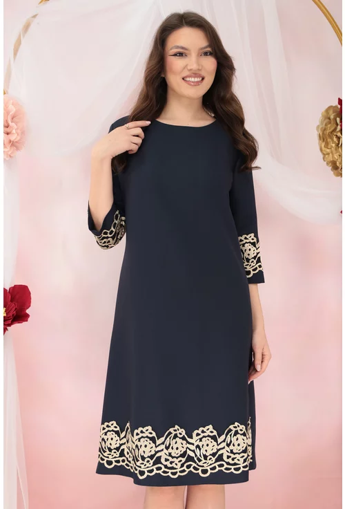 Rochie evazata din stofa bleumarin cu broderie florala bej