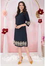 Rochie evazata din stofa bleumarin cu broderie florala bej