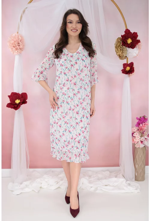 Rochie evazata din voal alb cu print floral roz