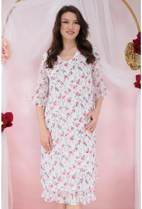 Rochie evazata din voal alb cu print floral roz