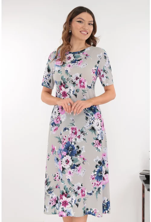 Rochie evazata gri cu flori albastre si roz
