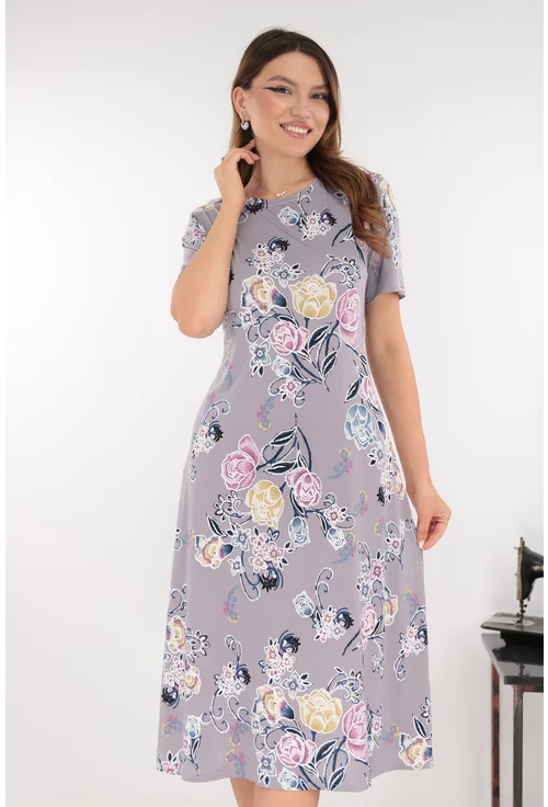 Rochie evazata gri cu print floral maxi