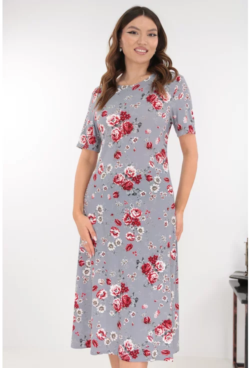 Rochie evazata gri cu print floral rosu