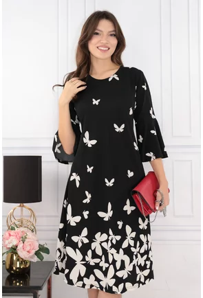 Rochie evazata neagra cu fluturi albi