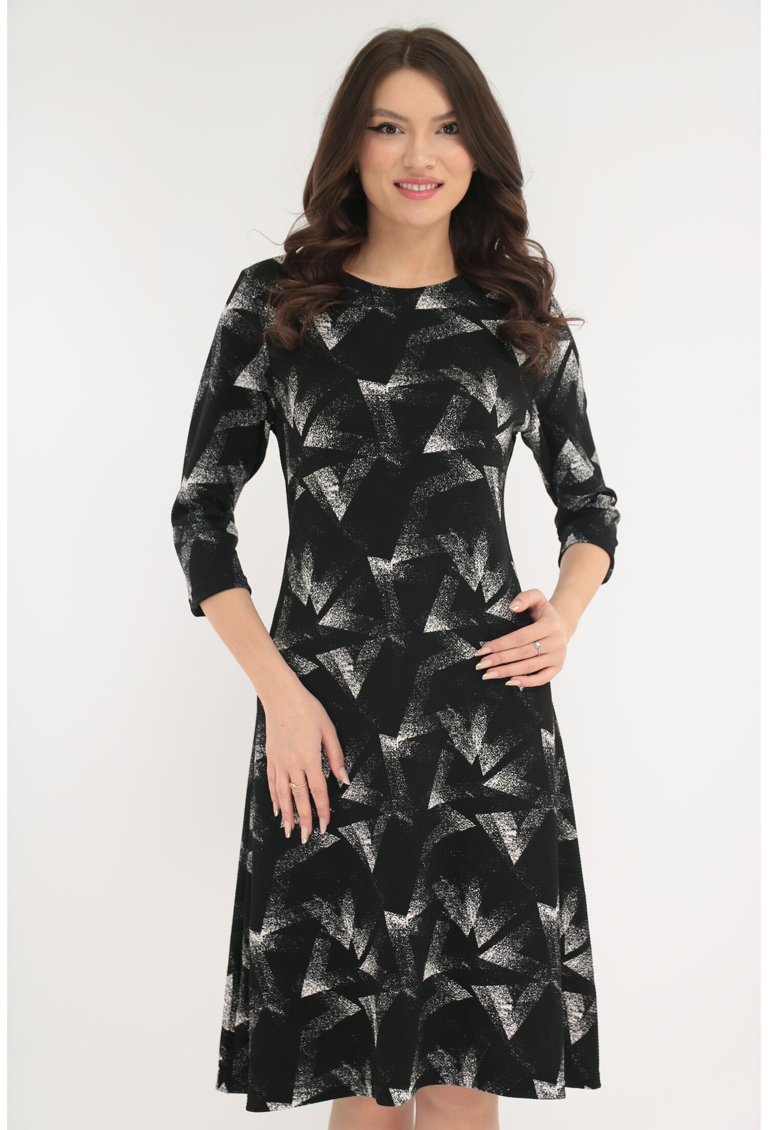 Poze Rochie evazata neagra cu imprimeu abstract alb