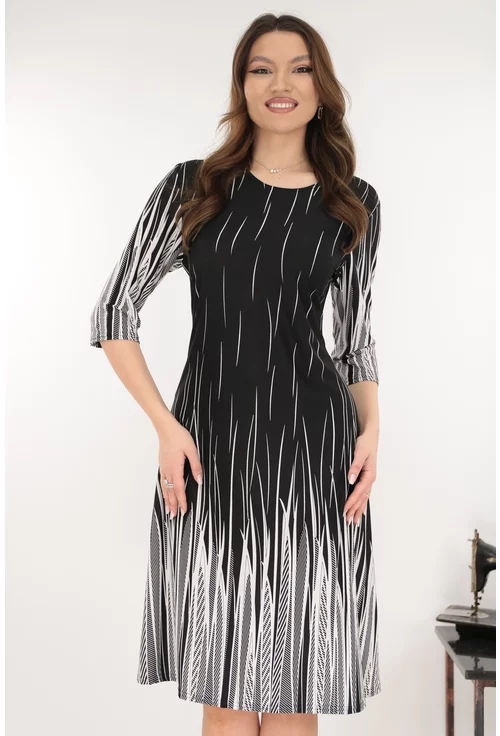 Rochie evazata neagra cu imprimeu geometric la tiv