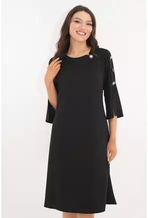 Rochie evazata neagra cu nasturi decorativi