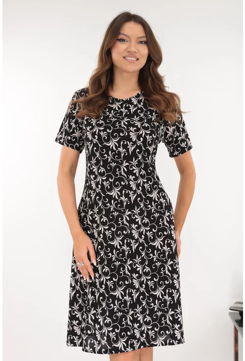 Rochie evazata neagra cu print floral alb