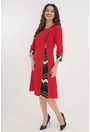 Rochie evazata rosie cu garnituri geometrice