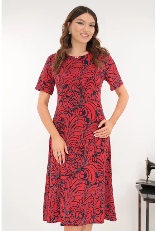 Rochie evazata rosie cu print abstract bleumarin