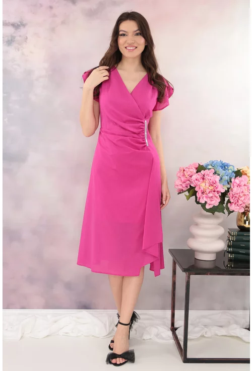 Rochie fucsia de ocazie cu glitter si fronseuri