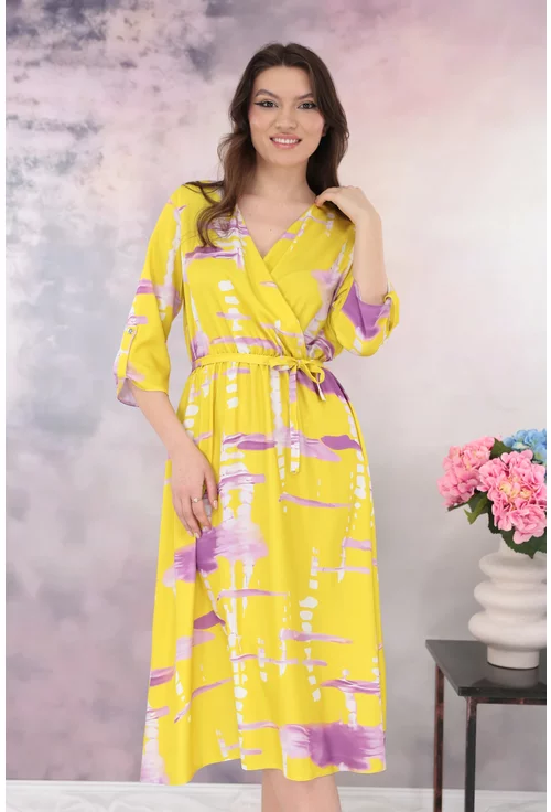 Rochie galbena cu print abstract roz si decolteu parte peste parte
