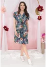 Rochie gri cu flori maxi multicolore si cordon in talie