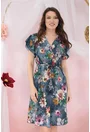 Rochie gri cu flori maxi multicolore si cordon in talie