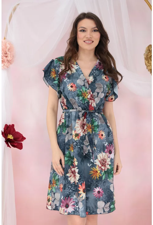 Rochie gri cu flori maxi multicolore si cordon in talie