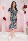 Rochie gri cu flori maxi multicolore si cordon in talie