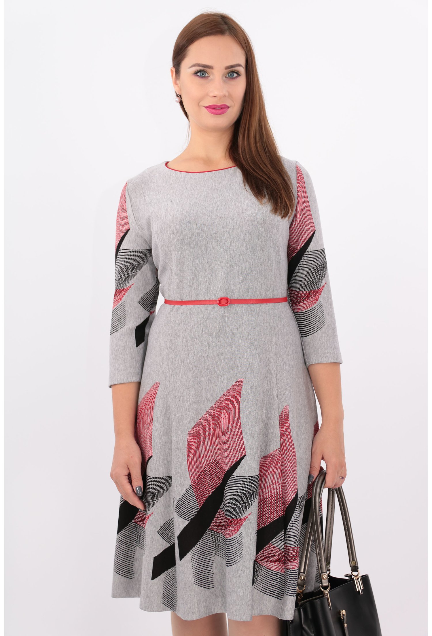 Rochie gri din jerse cu print geometric
