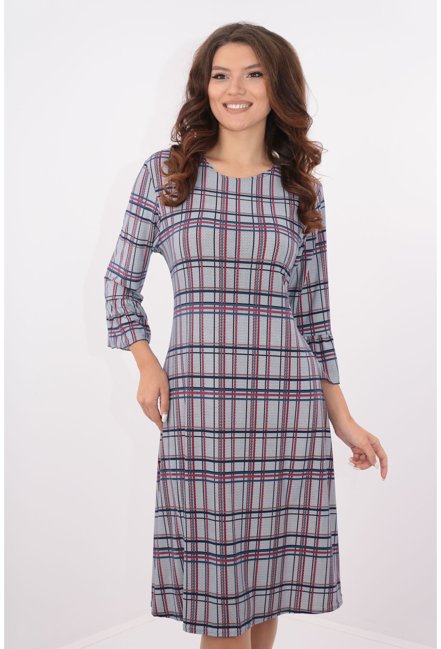 Rochie gri evazata cu carouri bleumarin si rosu