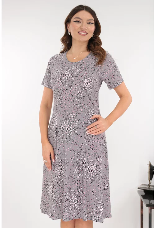 Rochie gri in clini cu flori discrete albe si roz