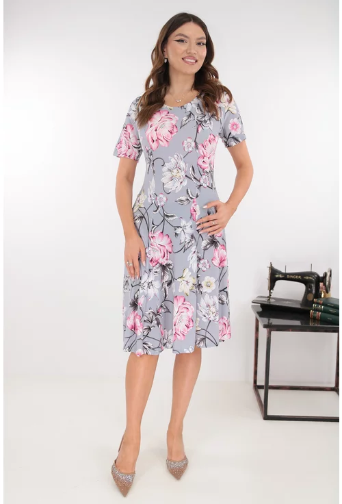 Rochie gri in clini cu flori maxi roz