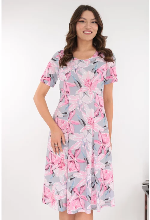 Rochie gri in clini cu flori maxi roz
