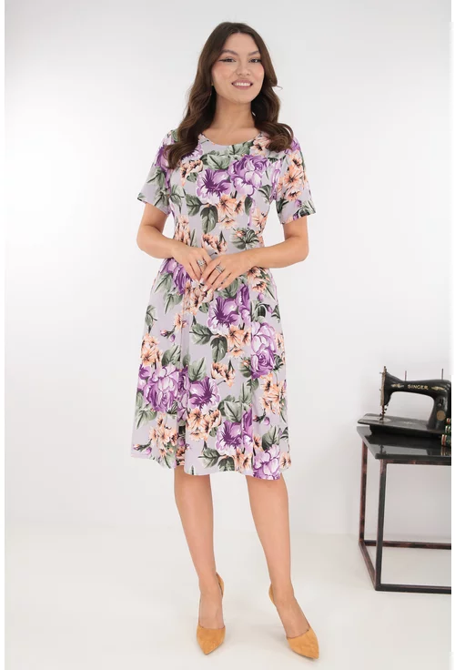 Rochie gri in clini cu flori maxi violet-bej