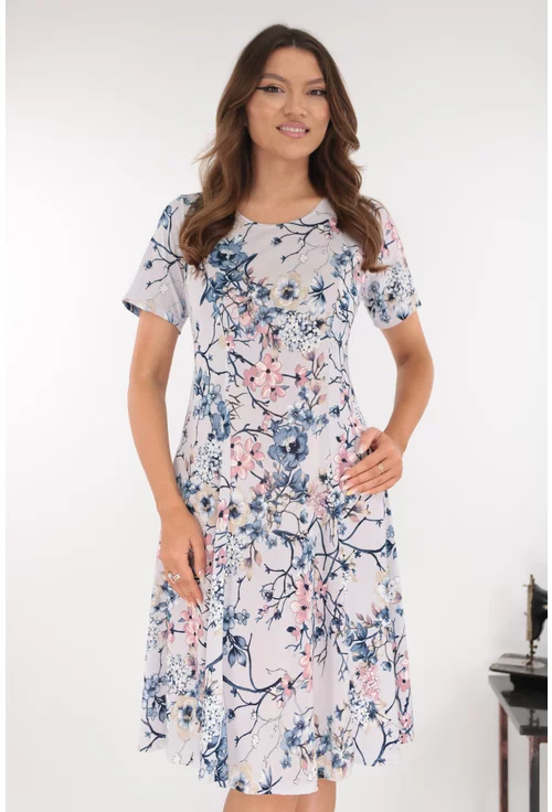 Rochie gri in clini cu print floral albastru-roz