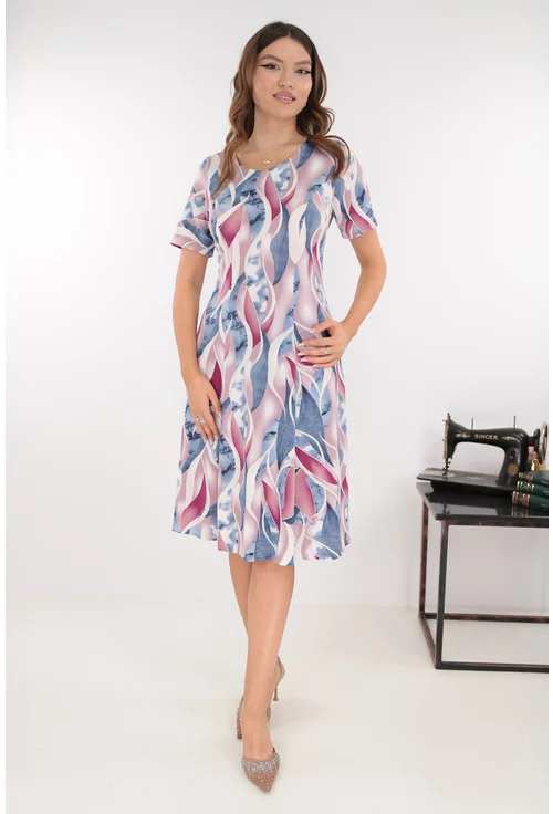 Rochie in clini cu print abstract albastru-roz