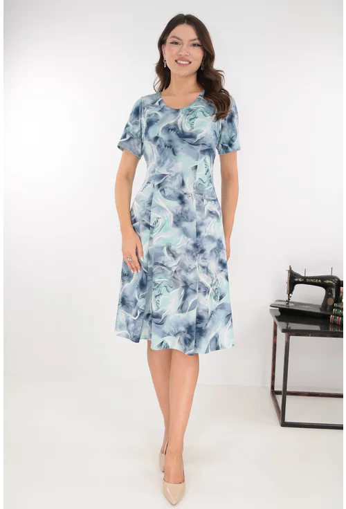 Rochie in clini cu print abstract gri-vernil