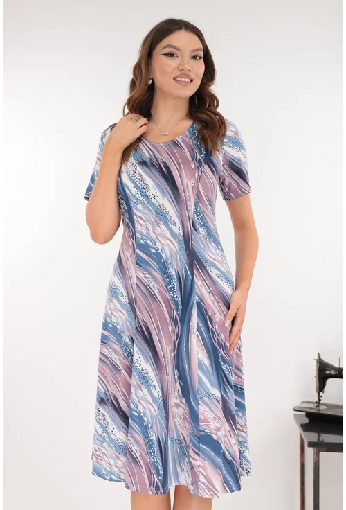 Rochie in clini cu print abstract lila-albastru