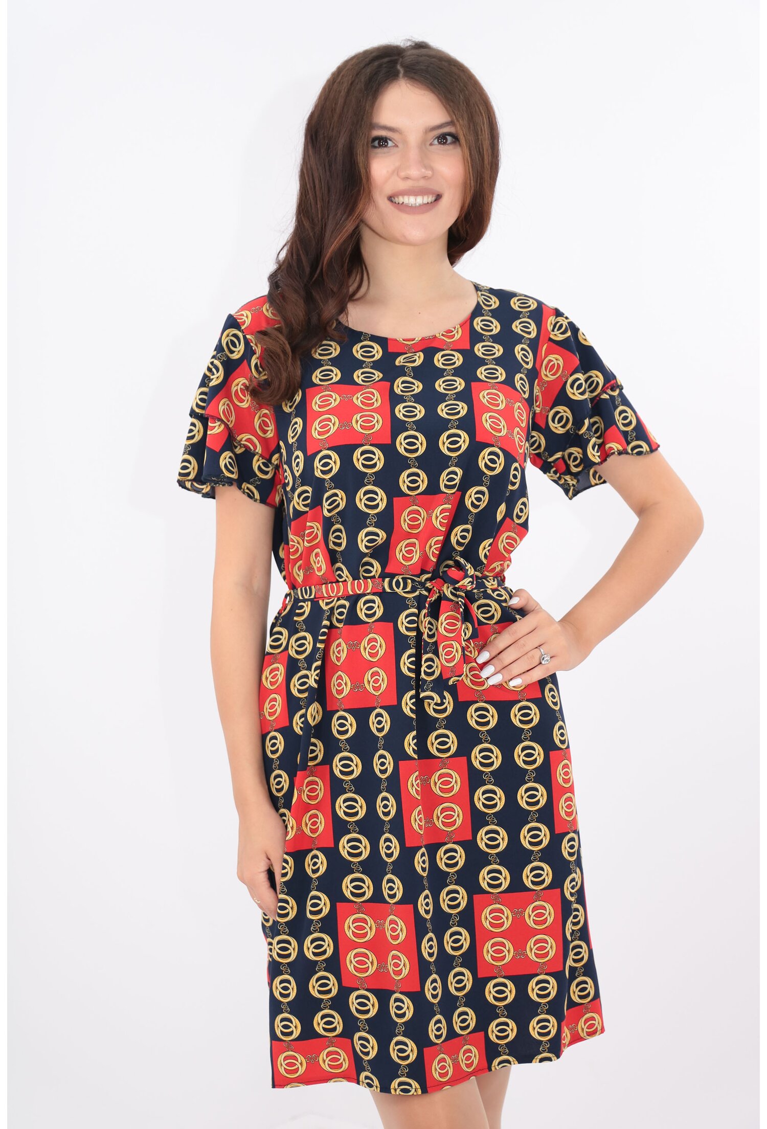 Rochie lejera bleumarin cu cordon in talie si patrate rosii
