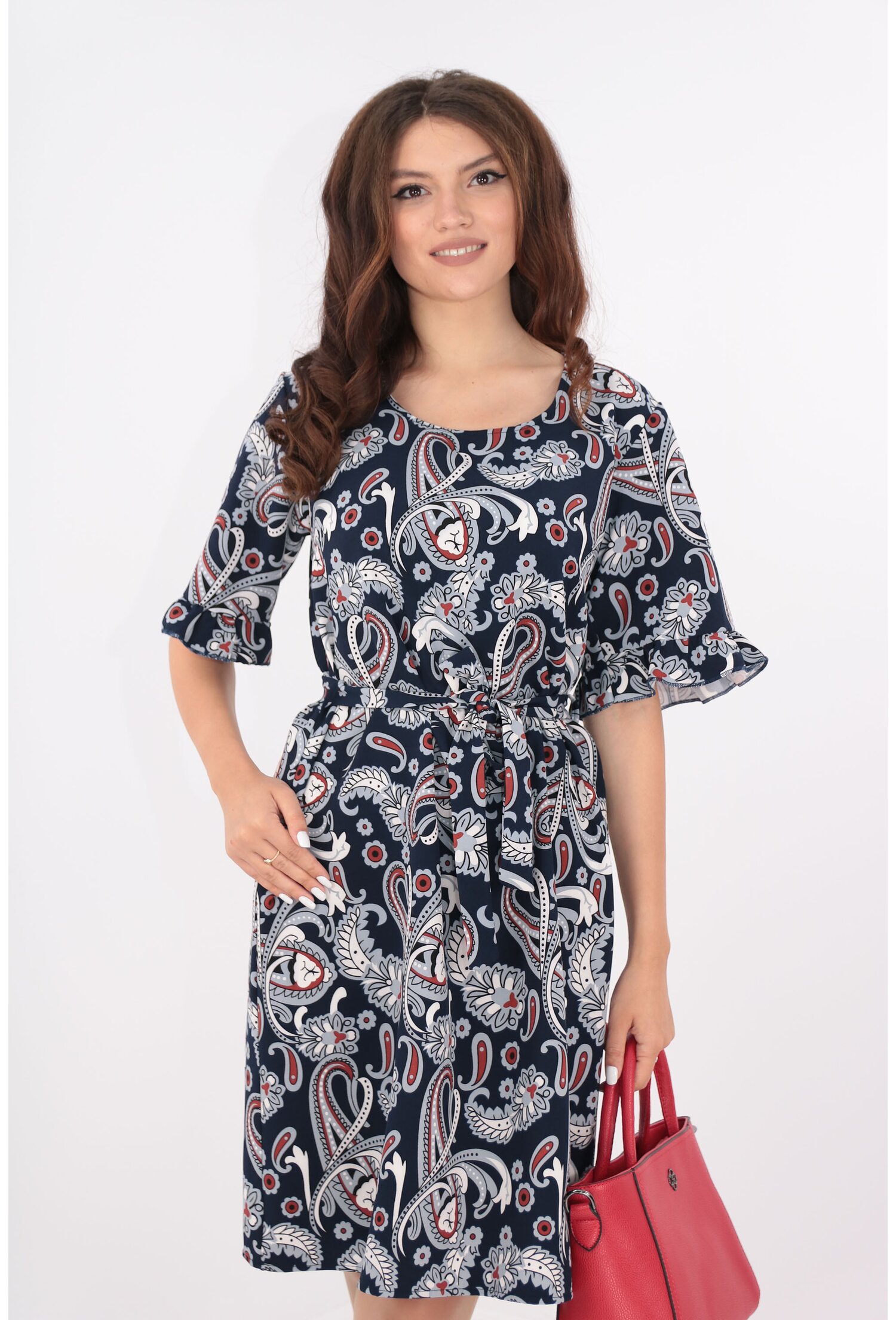 Rochie lejera bleumarin cu cordon in talie si print floral