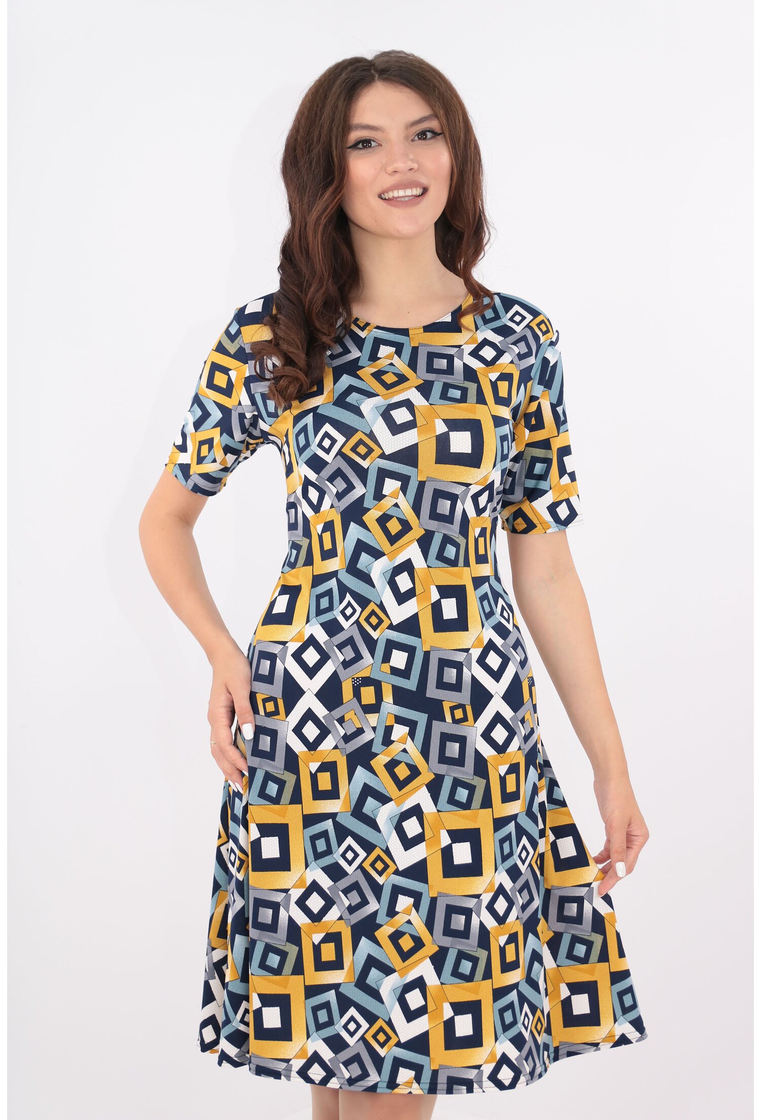 Rochie lejera cu desen geometric mustar
