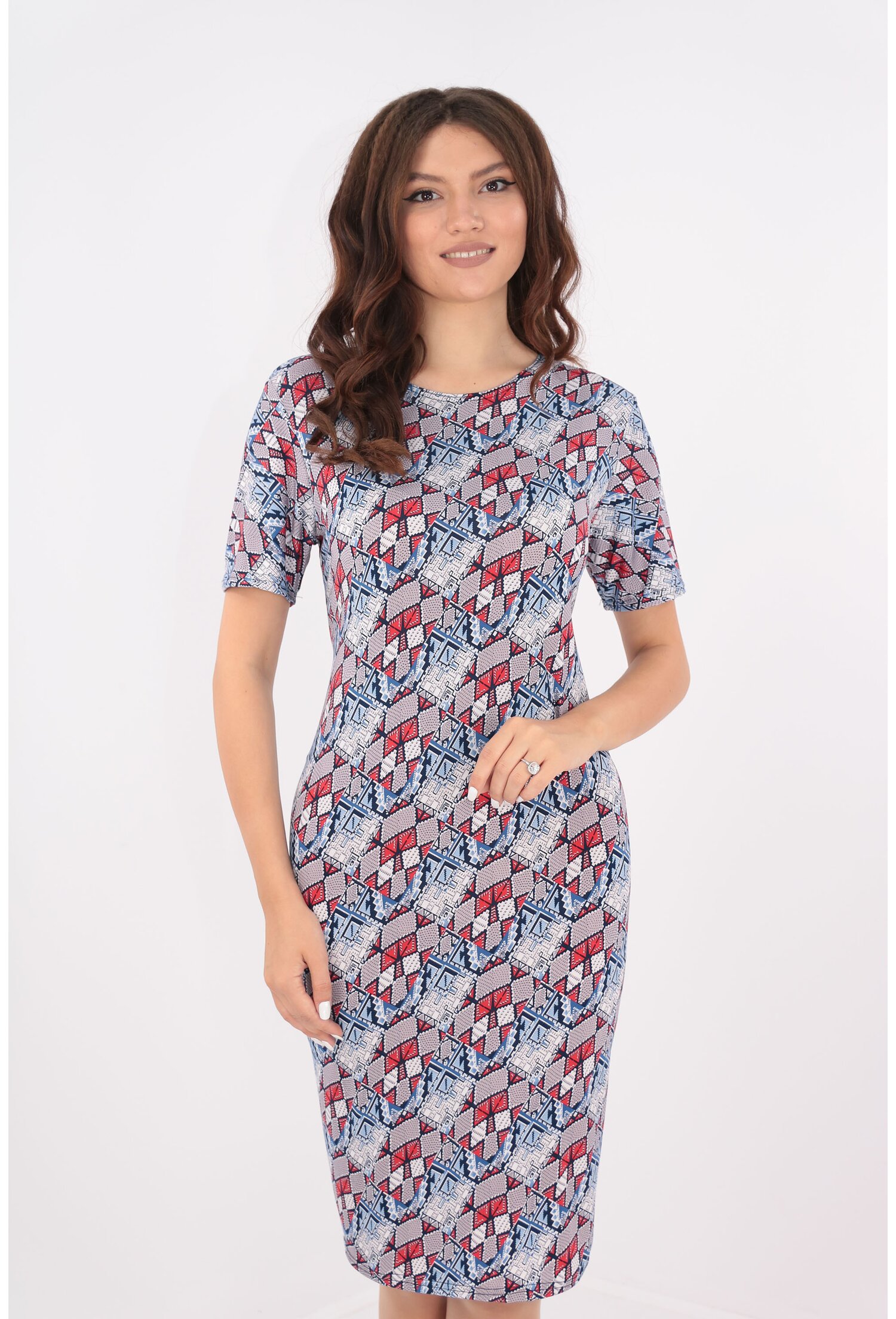 Rochie lejera cu print abstract rosu-albastru