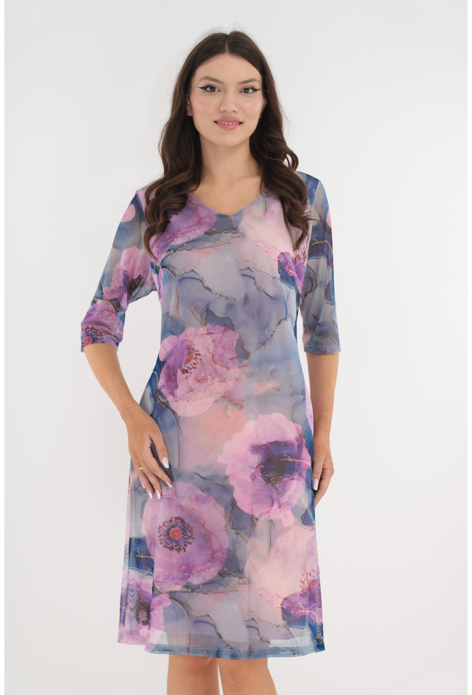 Poze Rochie lejera din tulle cu print floral albastru-lila
