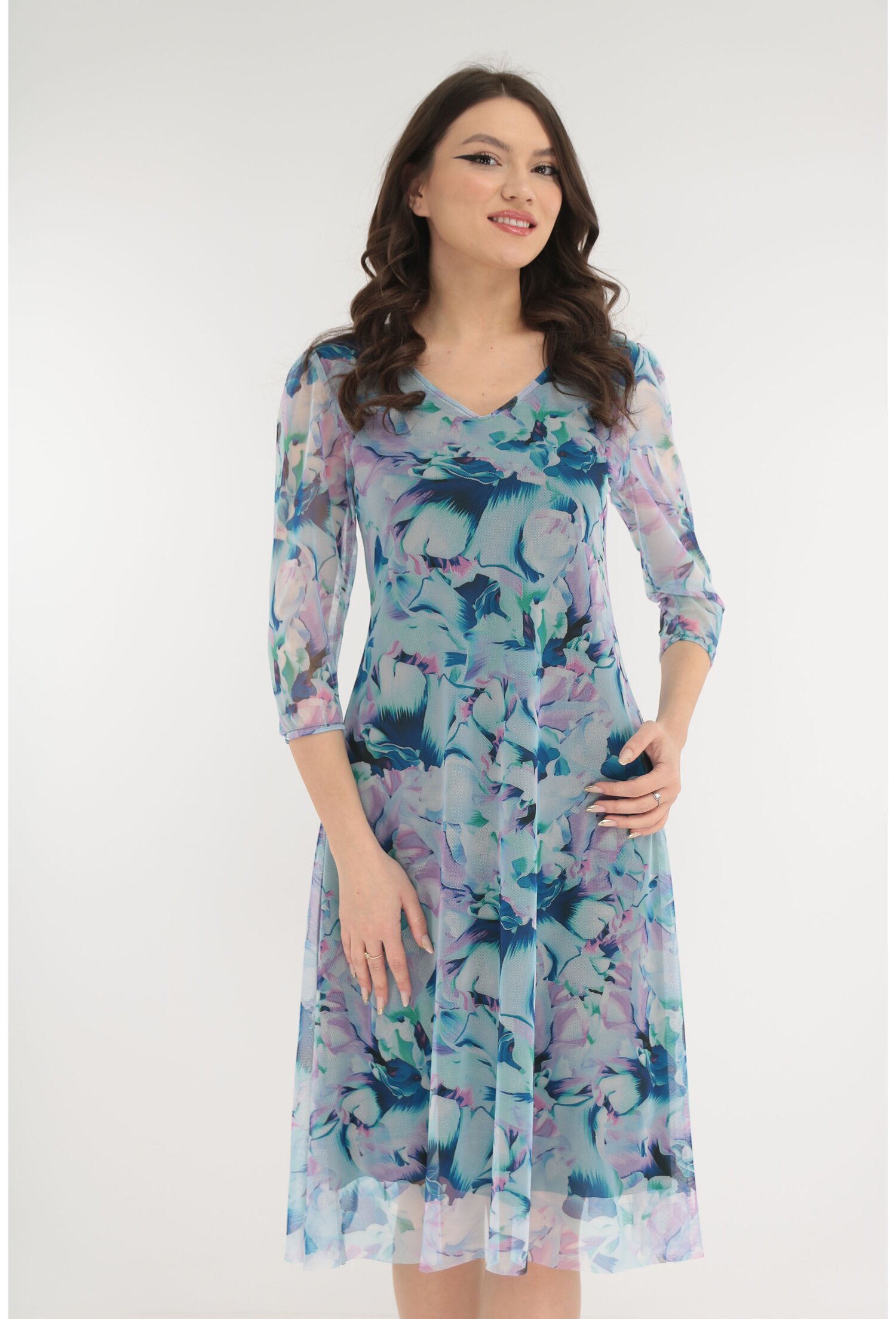 Rochie lejera din tulle cu print floral maxi roz-bleu