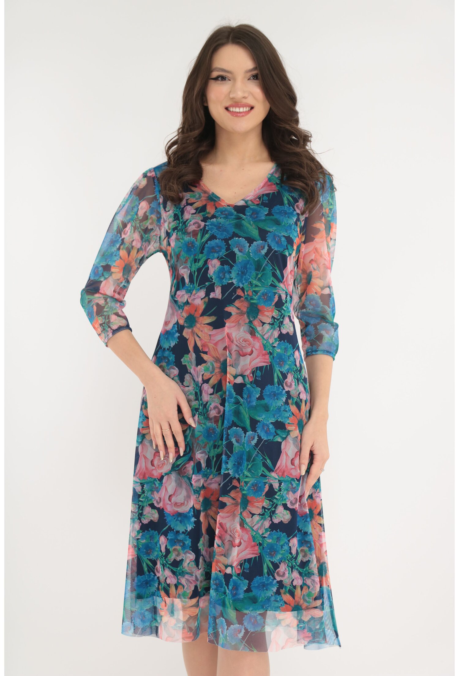 Rochie lejera din tulle cu print floral roz-albastru