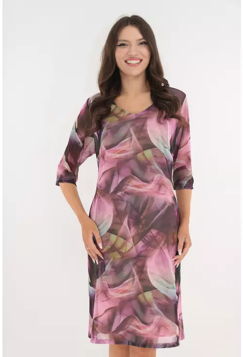 Rochie lejera din tulle lila cu print abstract