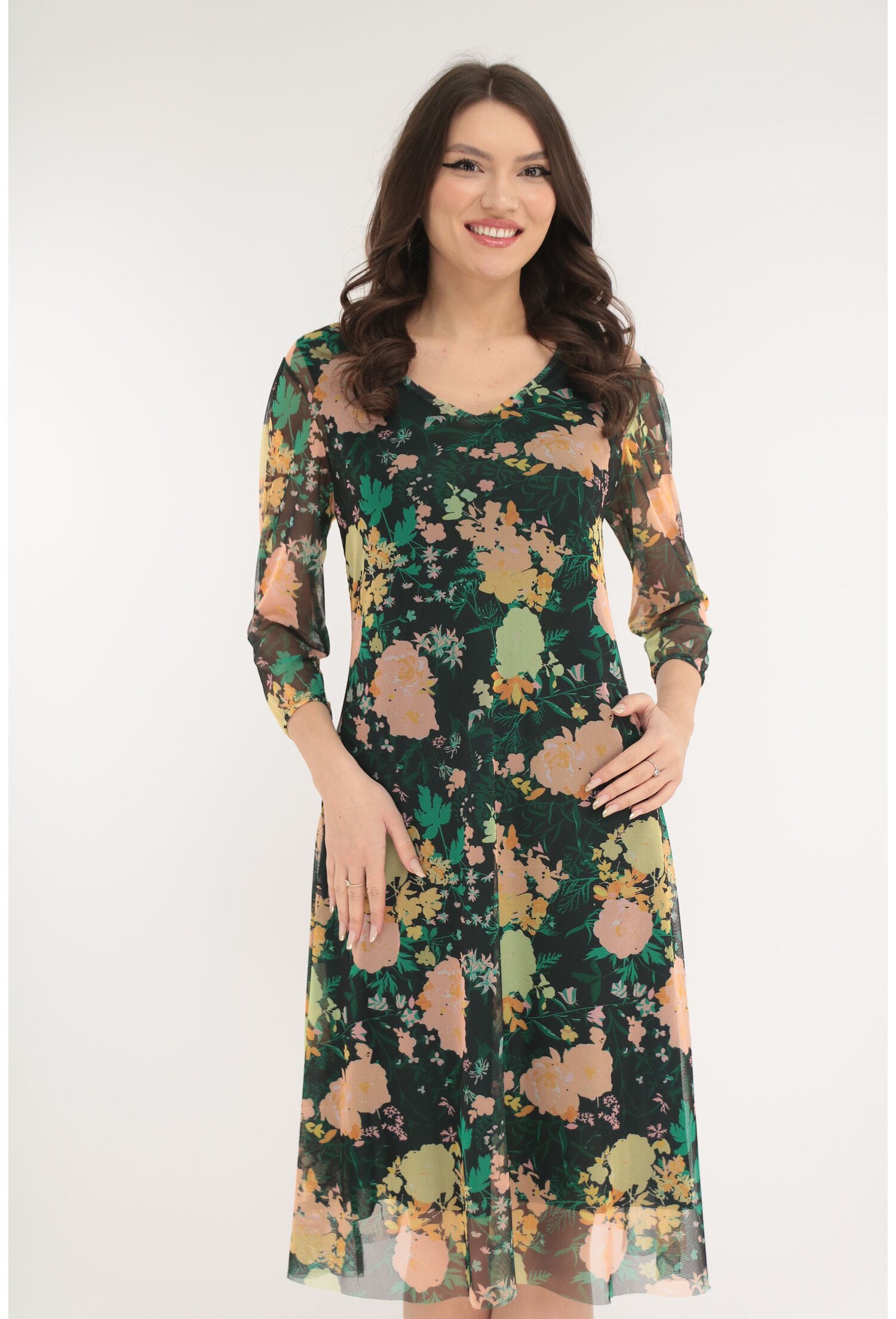 Rochie lejera din tulle negru cu print floral roz-verde